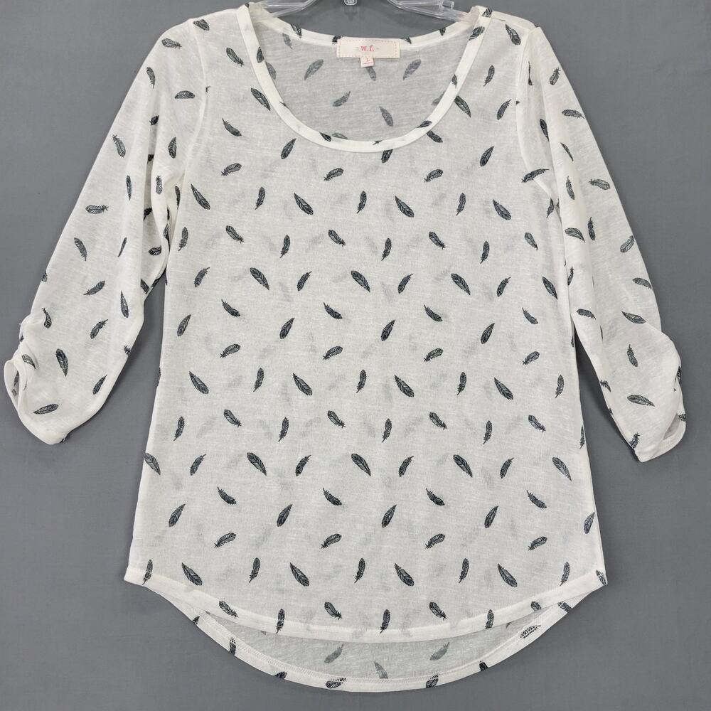 w.f. White Shirt Preppy Navy Feather Print Classic 3/4 Sleeves Womens Size L Top